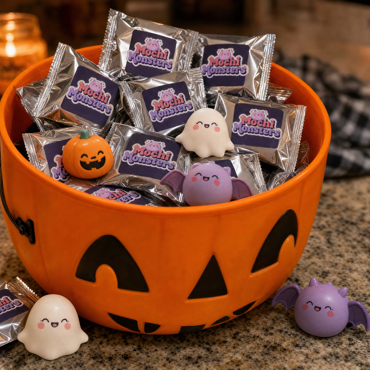 Trick-or-treat bucket filled with Mochi Monsters mystery pouches